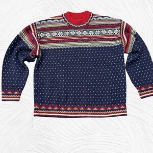 Vintage Lands End Nordic Fair Isle 100% Wool Sweater Sz M Snowflake Hong Kong